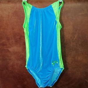 GK Gymnastics Bright Blue Velvet and Green sparkly Child's Medium CM Leotard